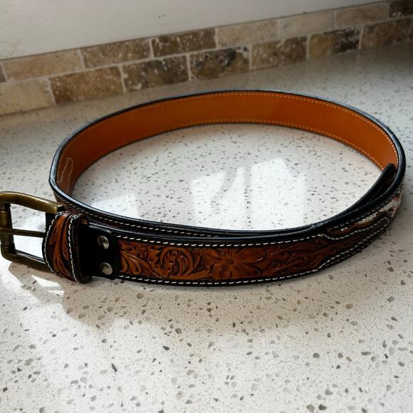 44in Aztec Western Tooled Leather Belt Coral Pink & Browns